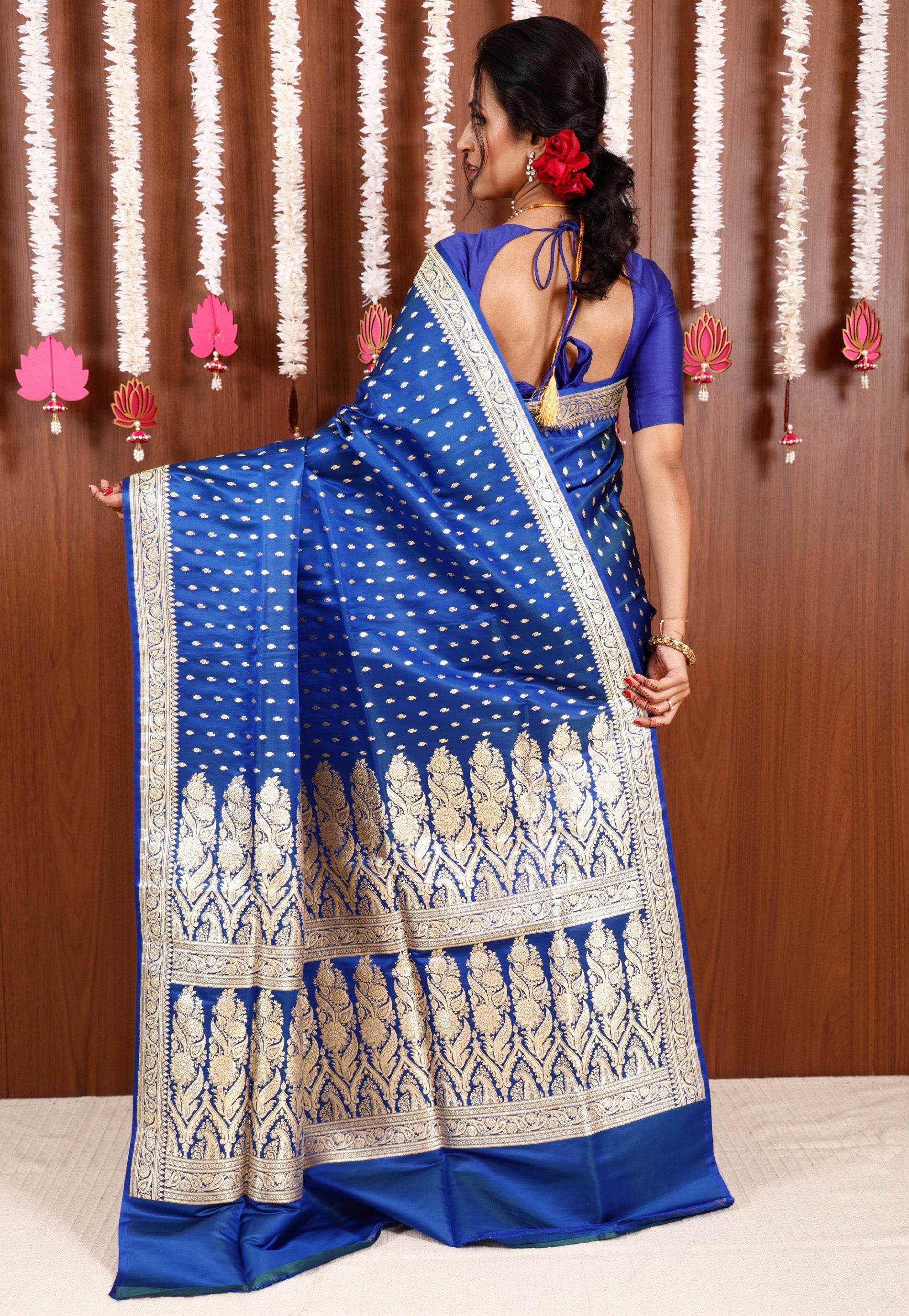 Royal Blue Wedding Banarasi Silk Saree with Blouse Piece - Adi Akshoy & Co.