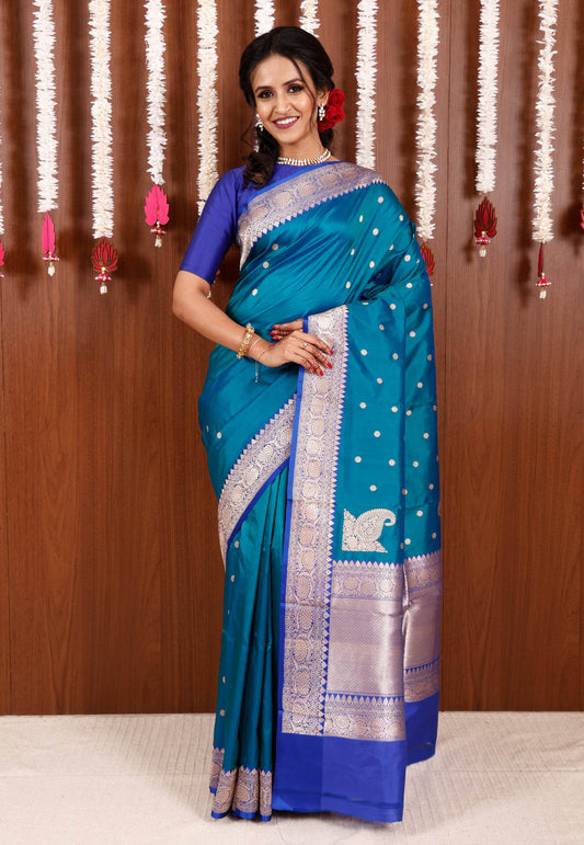 Feroza Blue with Royal Blue Border Katan Pure Silk Saree With Blouse Piece - Adi Akshoy & Co.