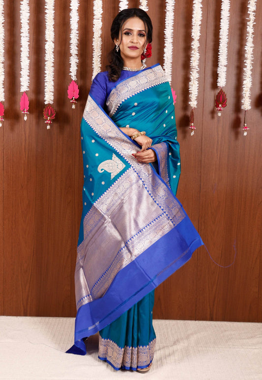 Feroza Blue with Royal Blue Border Katan Pure Silk Saree With Blouse Piece - Adi Akshoy & Co.