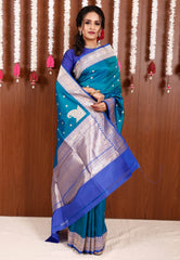 Feroza Blue with Royal Blue Border Katan Pure Silk Saree With Blouse Piece - Adi Akshoy & Co.