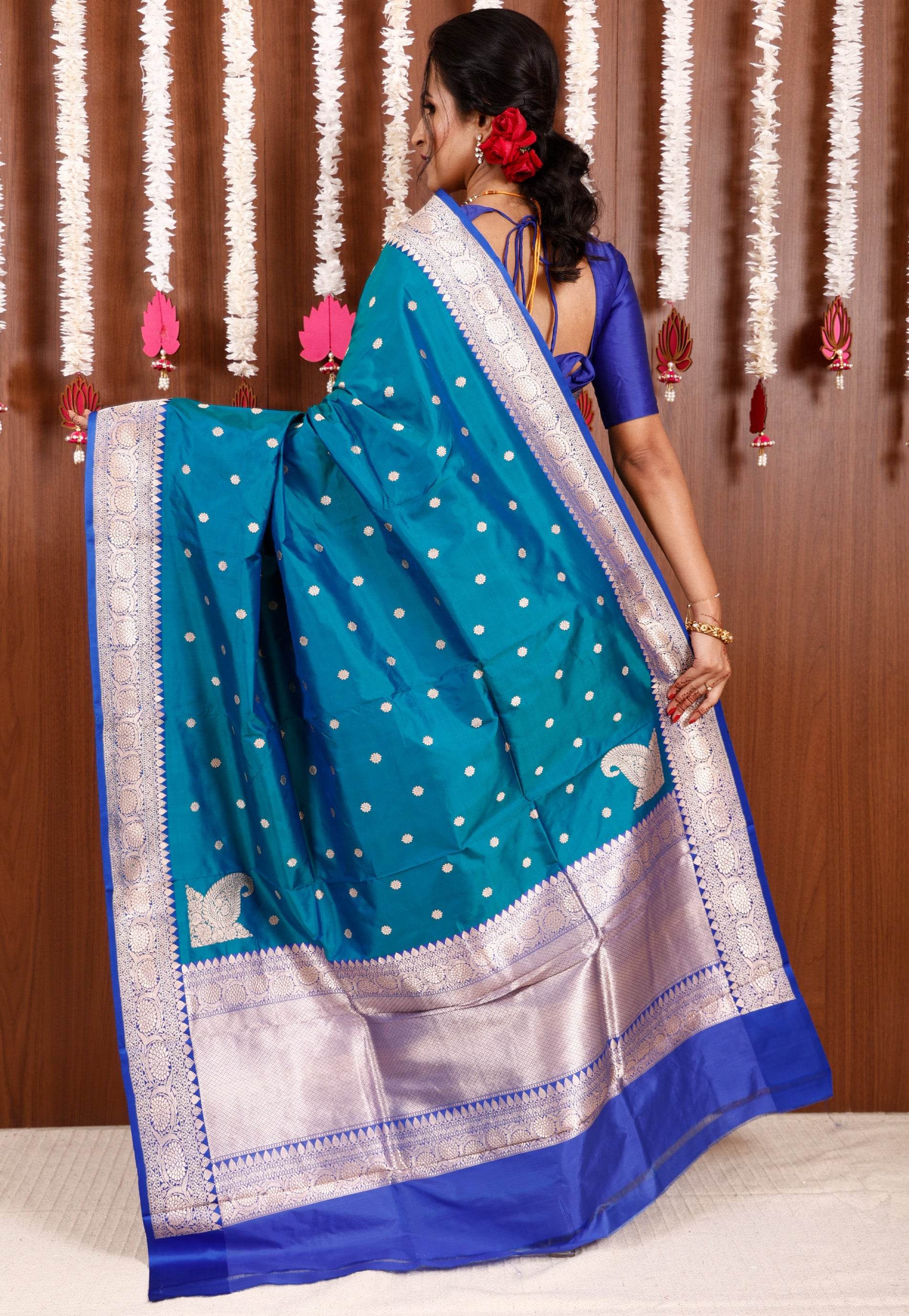 Feroza Blue with Royal Blue Border Katan Pure Silk Saree With Blouse Piece - Adi Akshoy & Co.