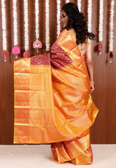 Magenta Brocade with Golden Yellow Border Kanjivaram Silk Saree With Blouse Piece - Adi Akshoy & Co.
