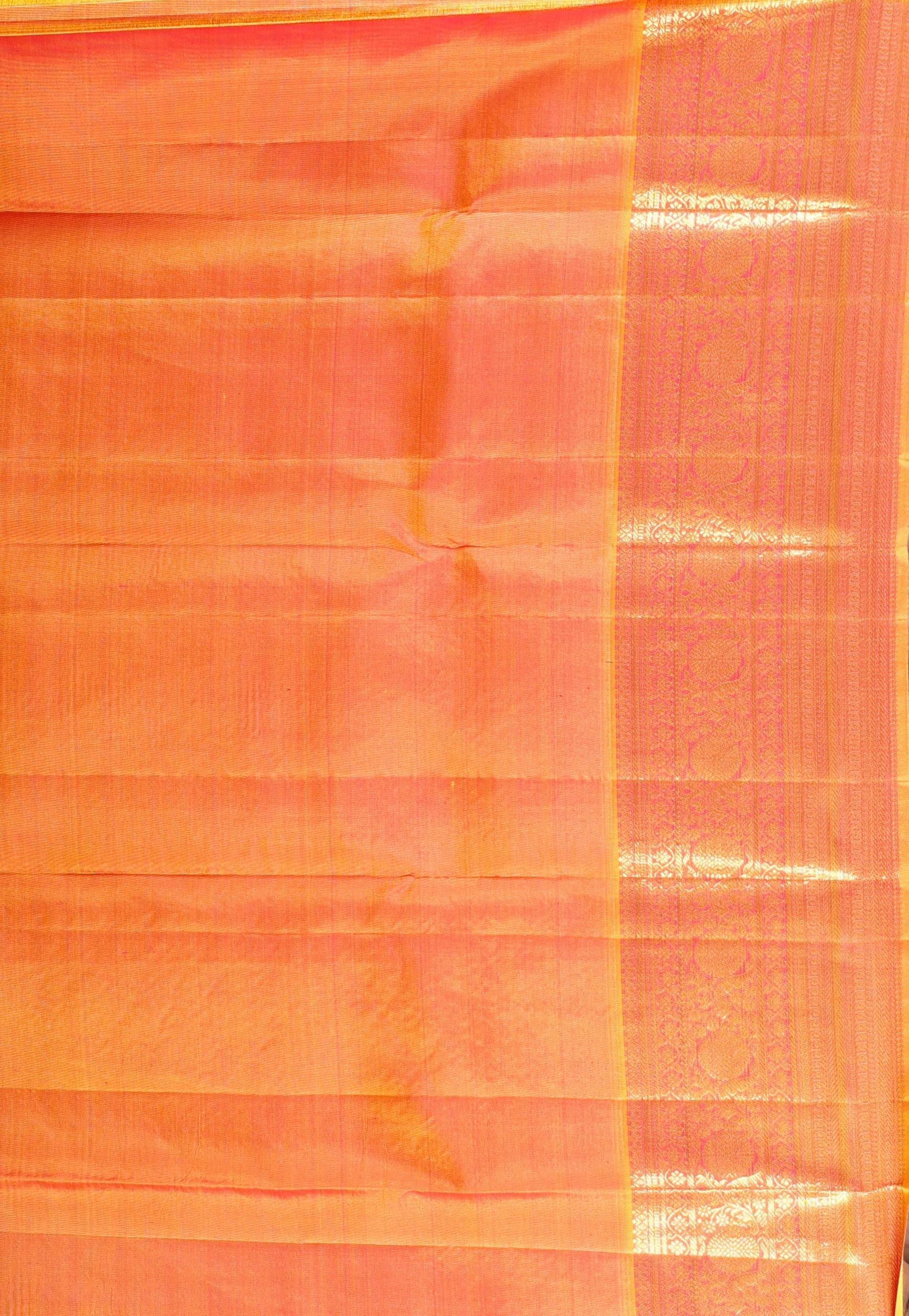 Magenta Brocade with Golden Yellow Border Kanjivaram Silk Saree With Blouse Piece - Adi Akshoy & Co.