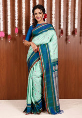 Sea Green Checks with Royal Blue Border Gadwal Pure Silk Saree With Blouse Piece - Adi Akshoy & Co.