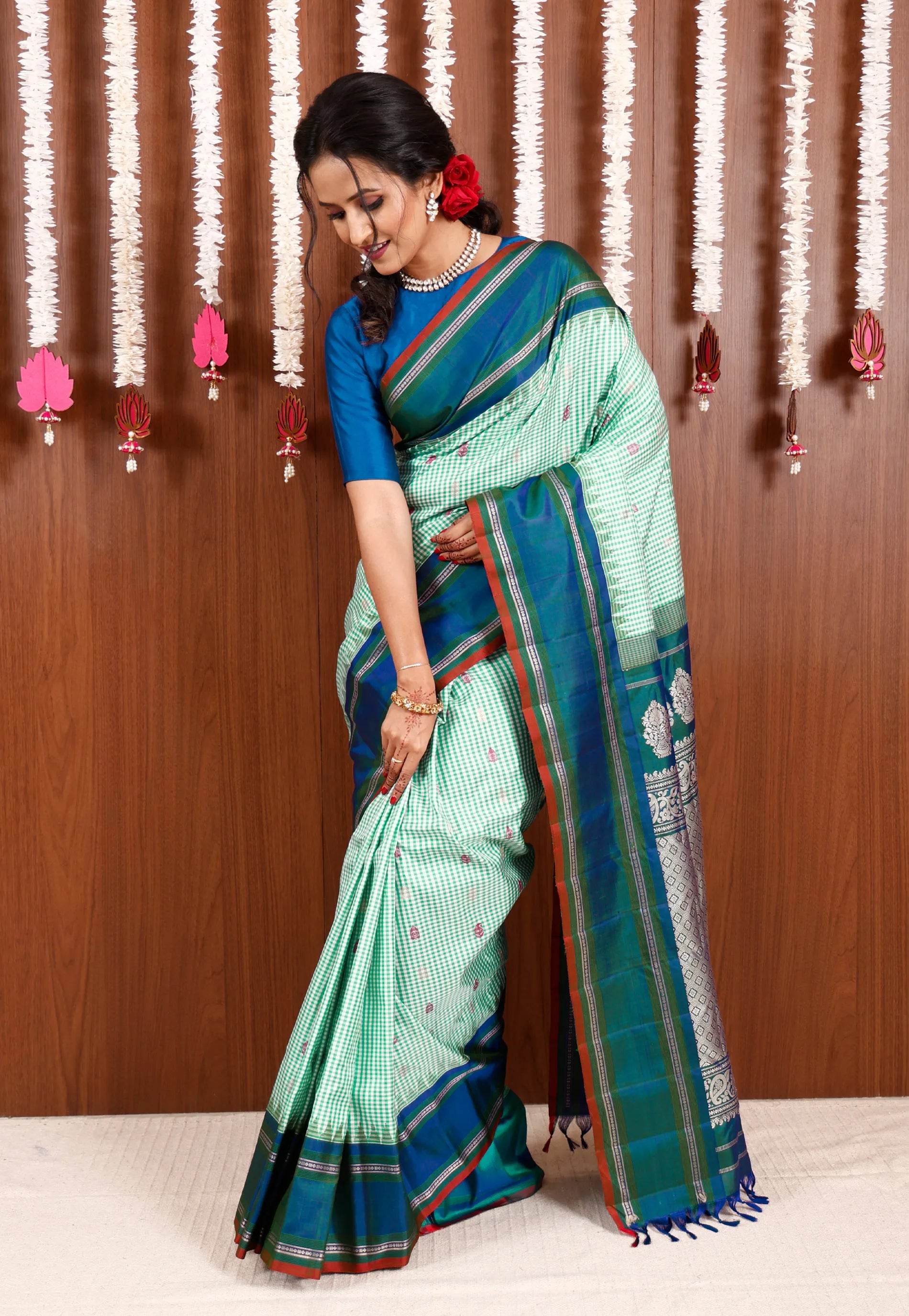 Sea Green Checks with Royal Blue Border Gadwal Pure Silk Saree With Blouse Piece - Adi Akshoy & Co.