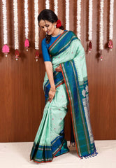 Sea Green Checks with Royal Blue Border Gadwal Pure Silk Saree With Blouse Piece - Adi Akshoy & Co.