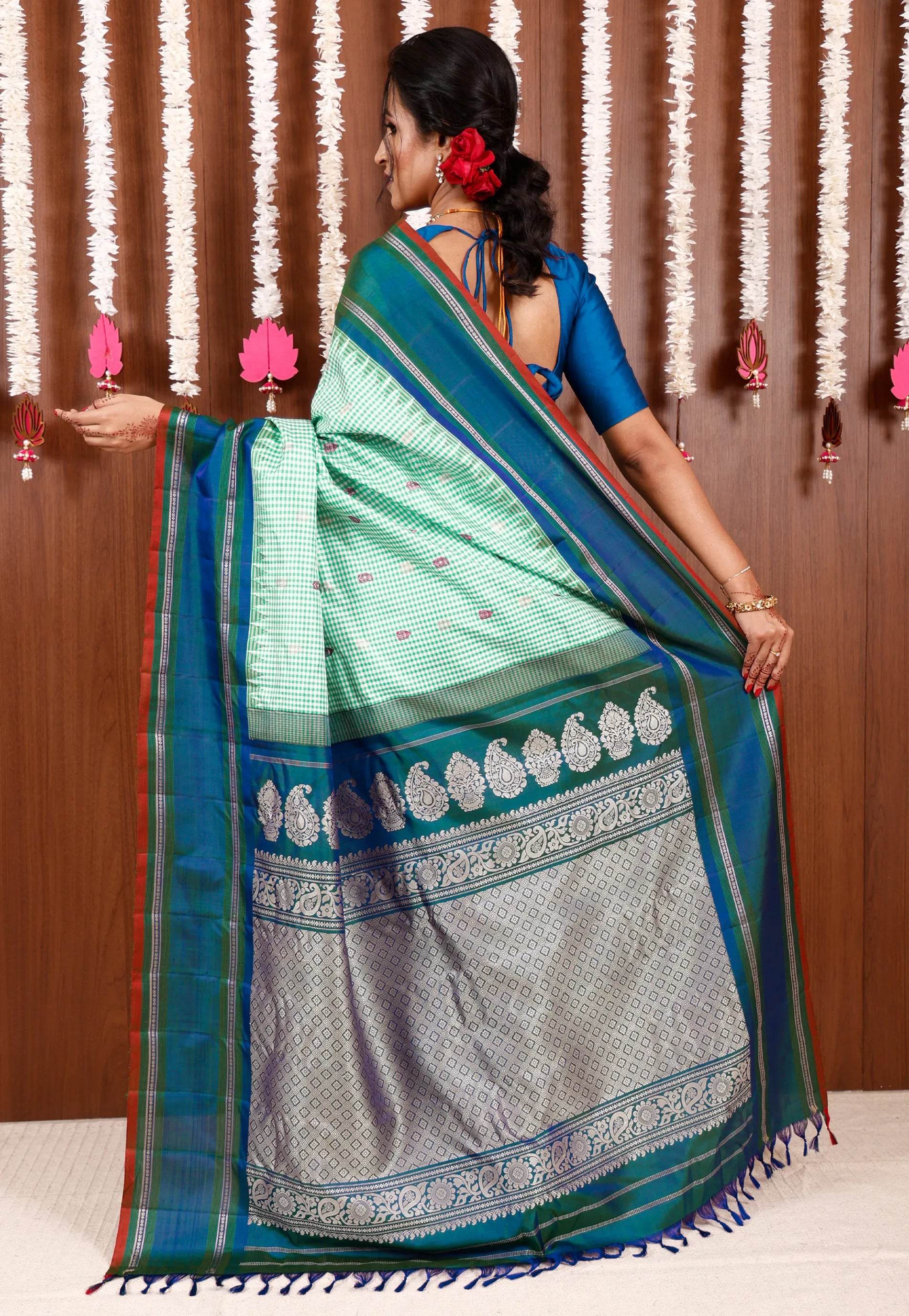 Sea Green Checks with Royal Blue Border Gadwal Pure Silk Saree With Blouse Piece - Adi Akshoy & Co.