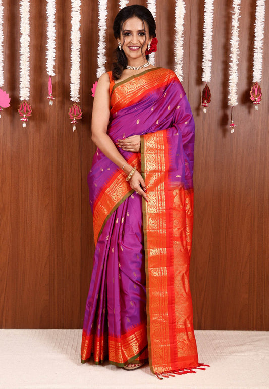 Purple with Orange Border Gadwal Pure Silk Saree With Blouse Piece - Adi Akshoy & Co.