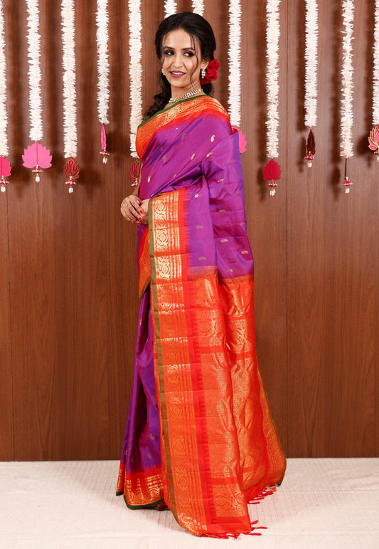 Purple with Orange Border Gadwal Pure Silk Saree With Blouse Piece - Adi Akshoy & Co.