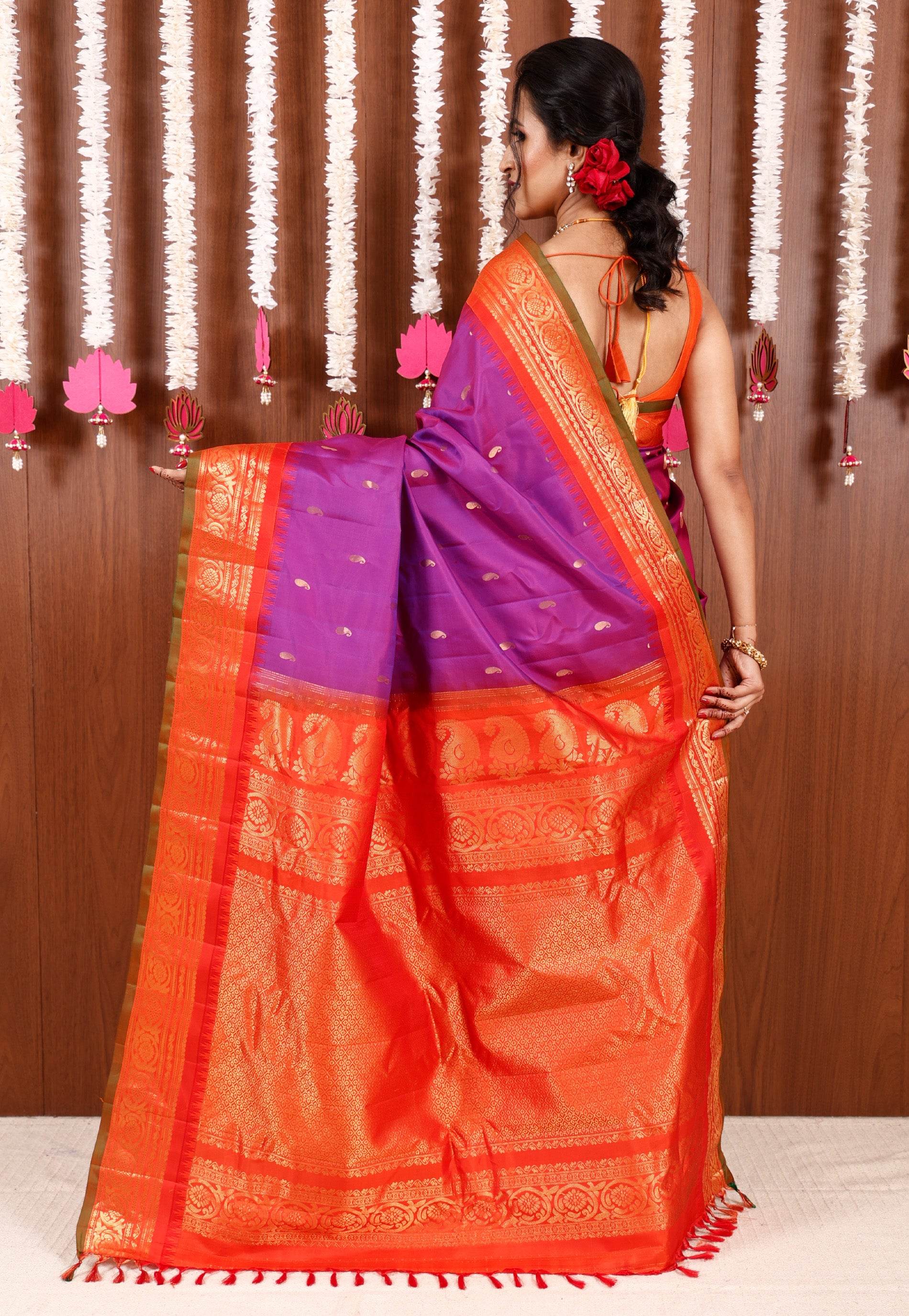 Purple with Orange Border Gadwal Pure Silk Saree With Blouse Piece - Adi Akshoy & Co.
