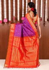 Purple with Orange Border Gadwal Pure Silk Saree With Blouse Piece - Adi Akshoy & Co.