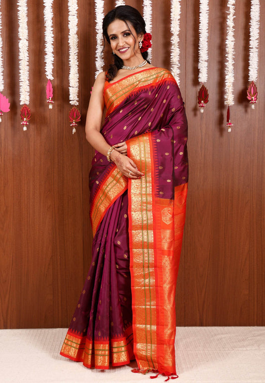 Magenta with Orange Border Gadwal Pure Silk Saree With Blouse Piece - Adi Akshoy & Co.