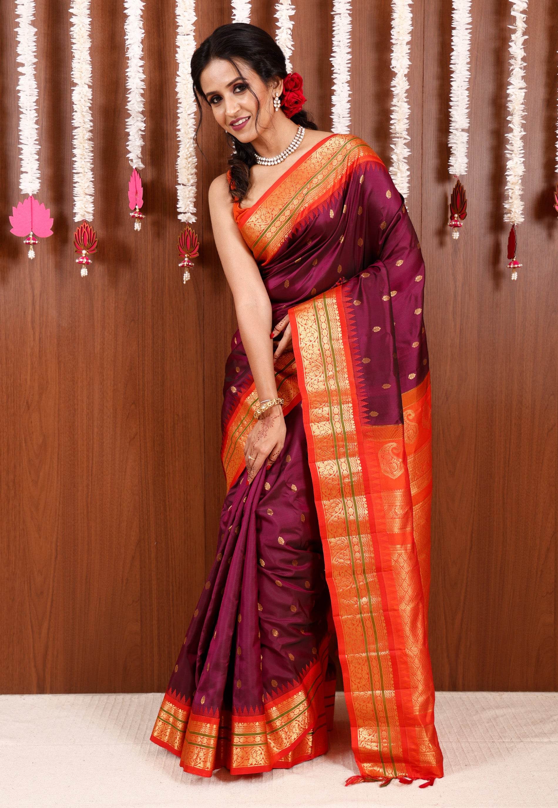 Magenta with Orange Border Gadwal Pure Silk Saree With Blouse Piece - Adi Akshoy & Co.