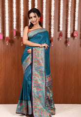 Blue Kani Silk Saree With Blouse Piece - Adi Akshoy & Co.