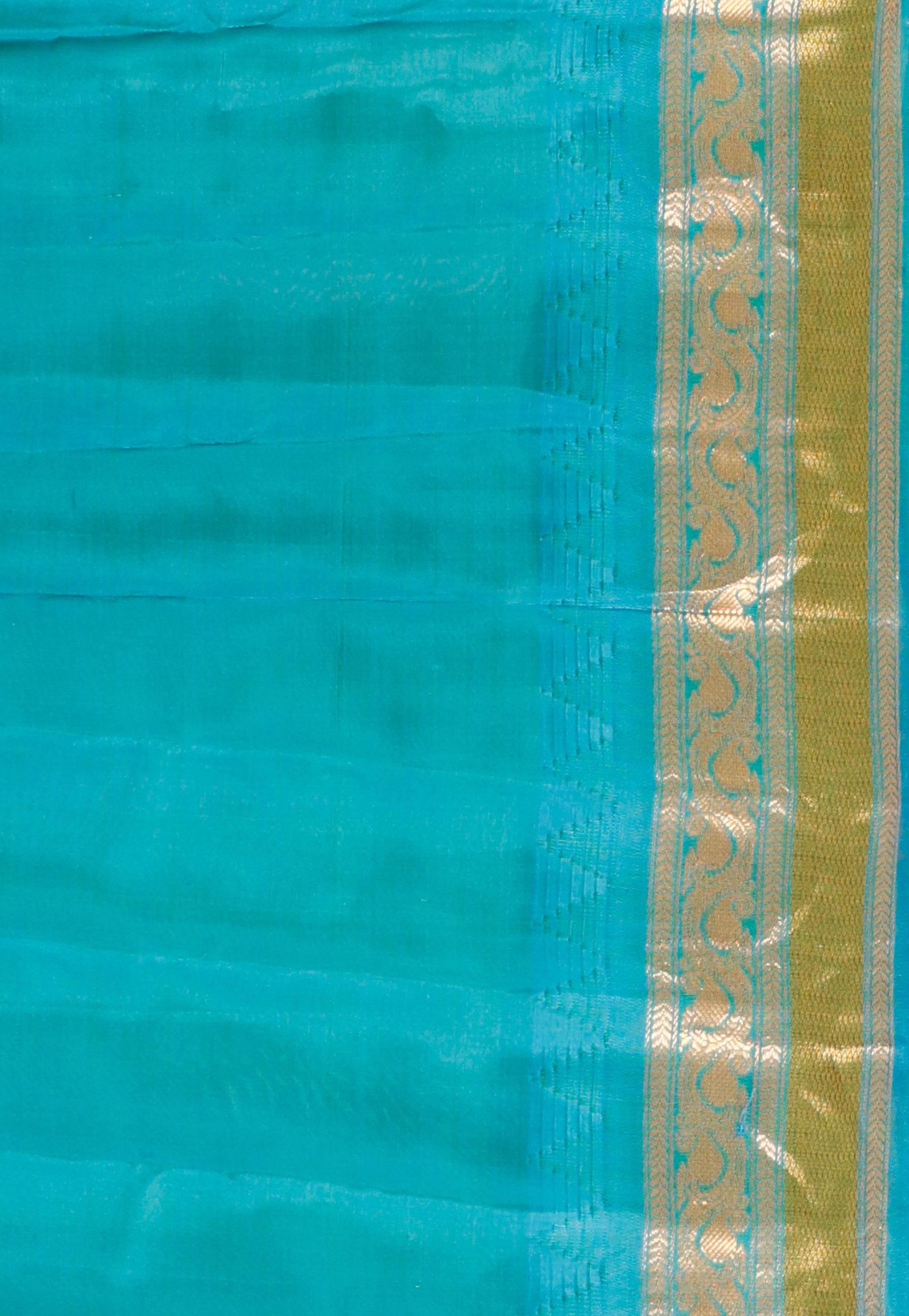 Rani Pink with Feroza Blue Border Gadwal Pure Silk Saree With Blouse Piece - Adi Akshoy & Co.