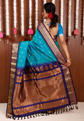 Cross Feroza Blue with Navy Blue Border Gadwal Pure Silk Saree With Blouse Piece - Adi Akshoy & Co.