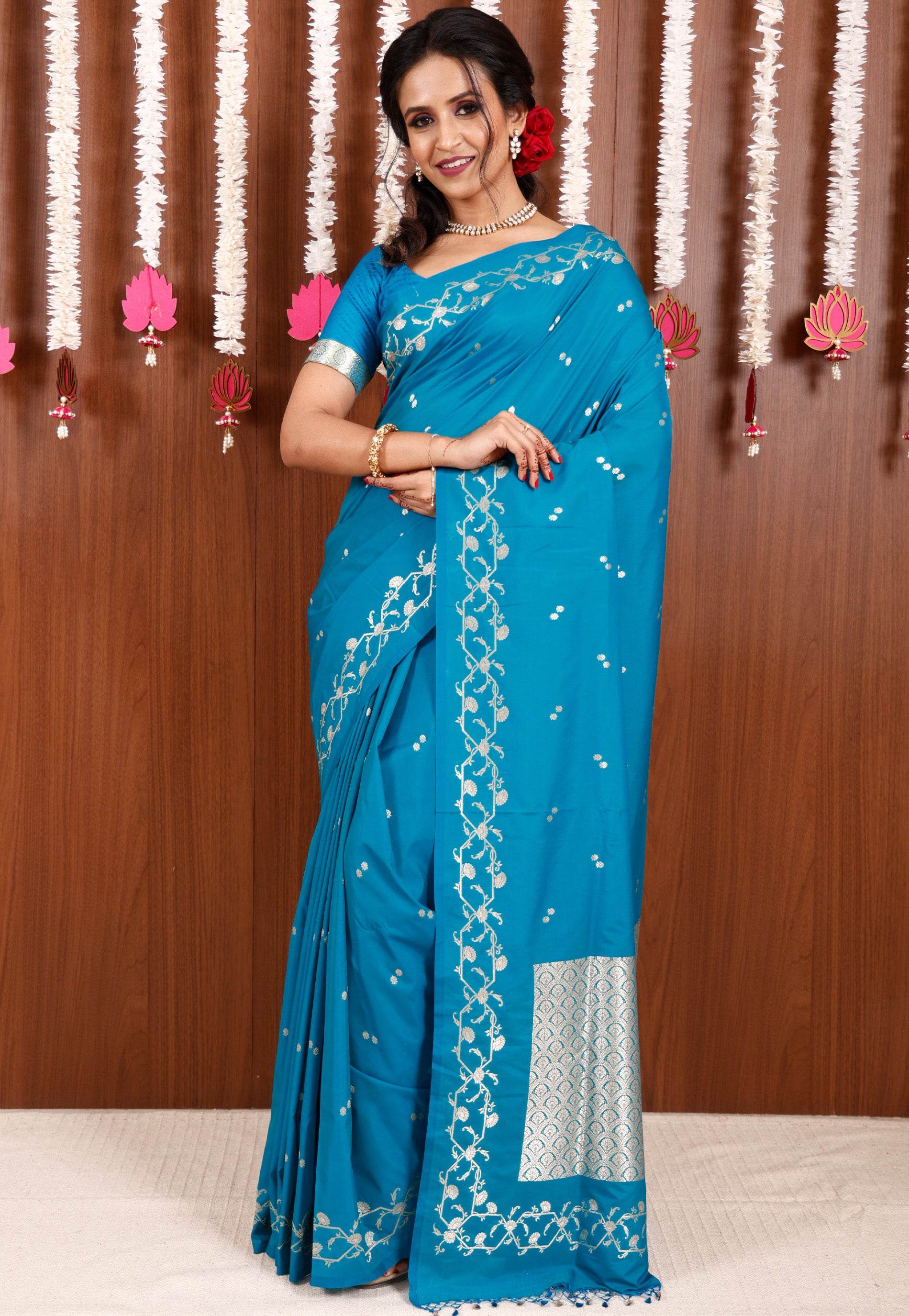Feroza Blue Katan Silk Saree With Blouse Piece - Adi Akshoy & Co.