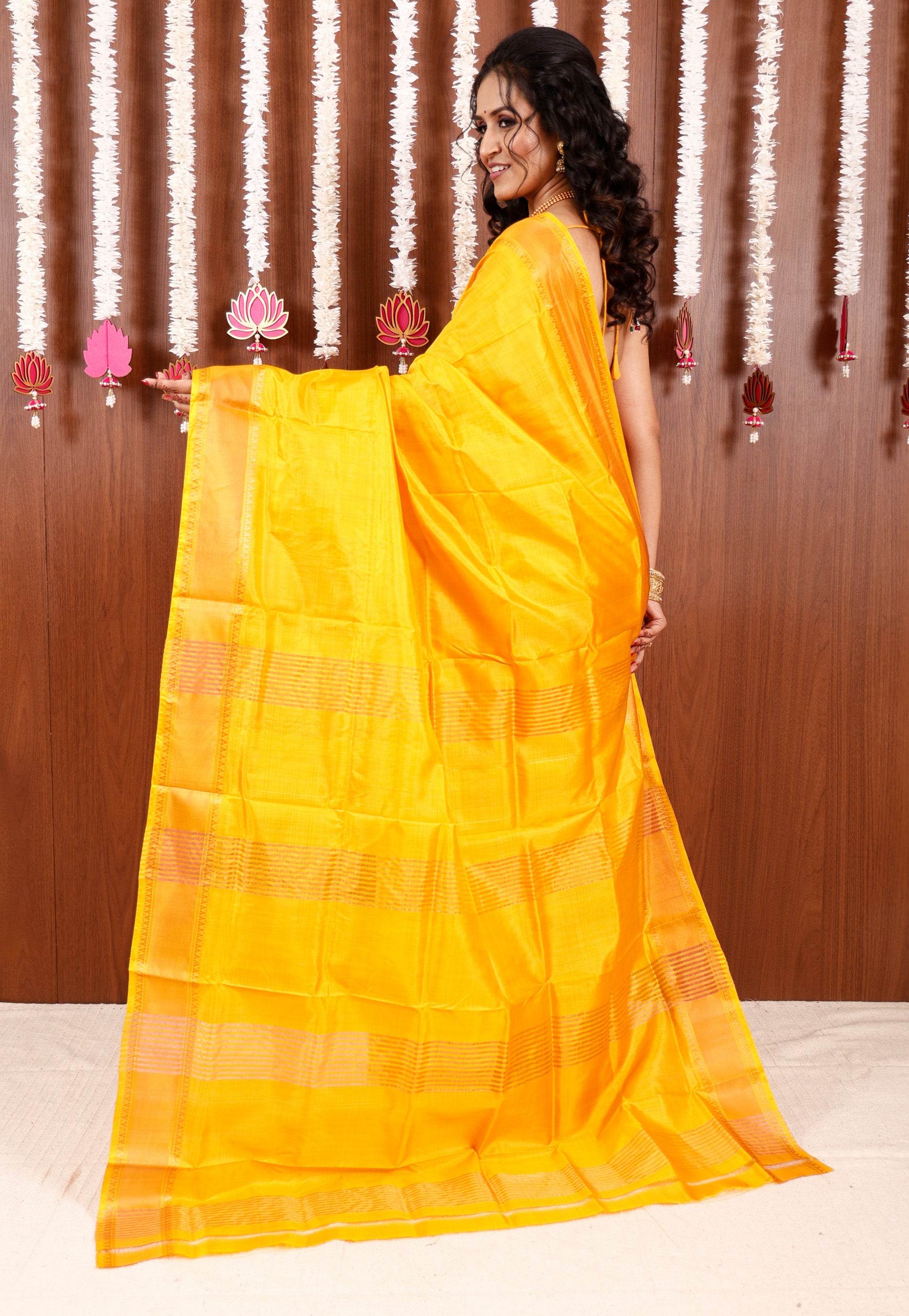 Yellow Katan Silk Saree With Blouse Piece - Adi Akshoy & Co.
