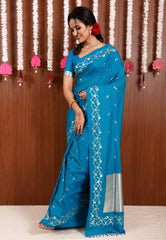 Feroza Blue Katan Silk Saree With Blouse Piece - Adi Akshoy & Co.