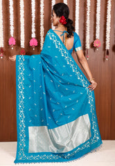 Feroza Blue Katan Silk Saree With Blouse Piece - Adi Akshoy & Co.