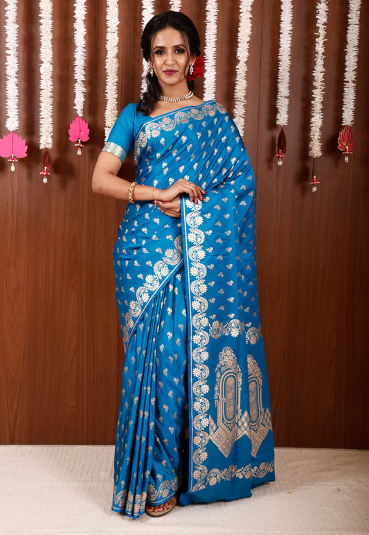 Feroza Blue Wedding Banarasi Silk Saree with Blouse Piece - Adi Akshoy & Co.