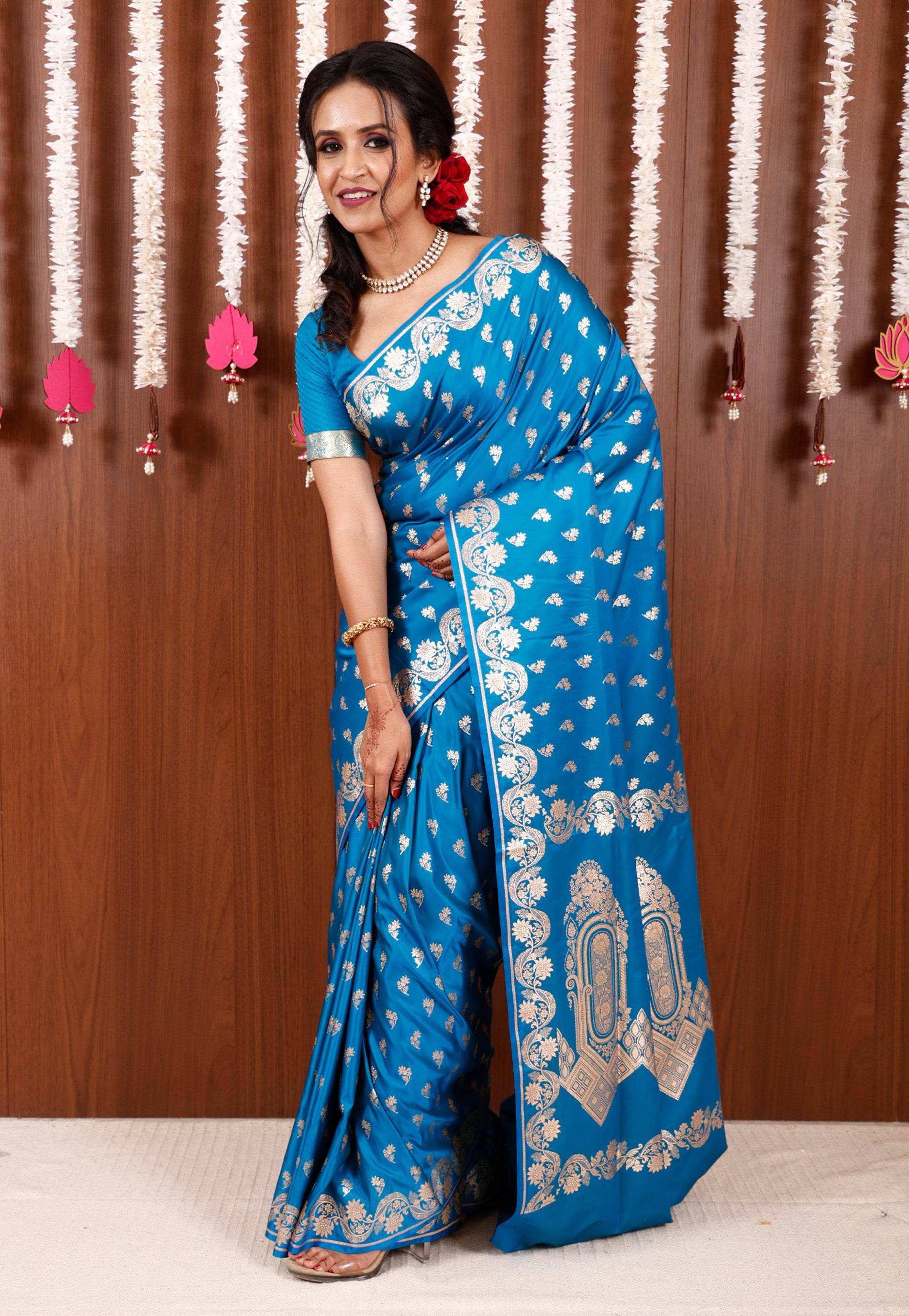 Feroza Blue Wedding Banarasi Silk Saree with Blouse Piece - Adi Akshoy & Co.