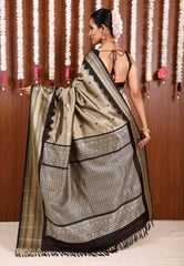 Grey with Black Border Gadwal Pure Silk Saree With Blouse Piece - Adi Akshoy & Co.