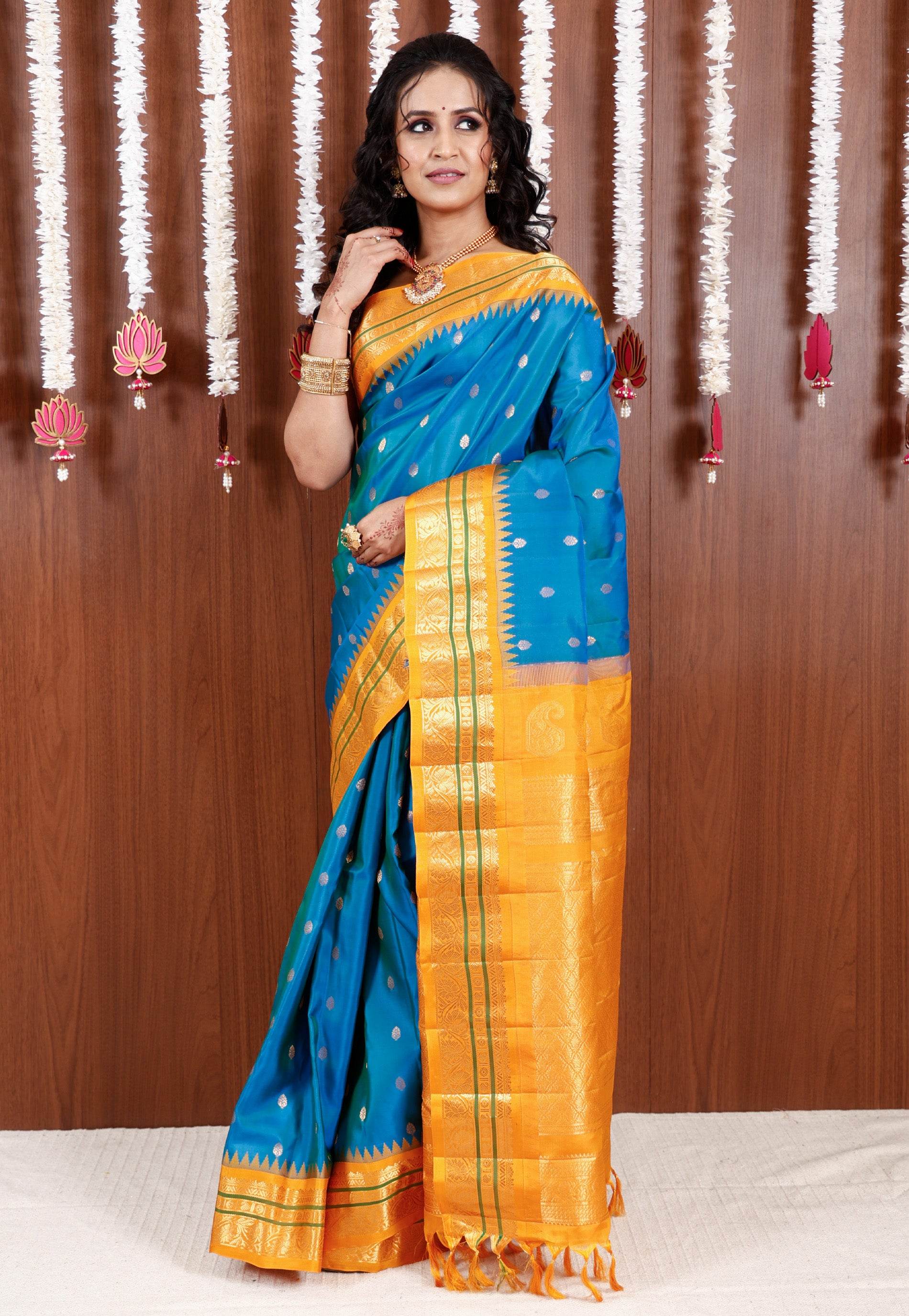 Cross Blue with Golden Yellow Border Gadwal Saree With Blouse Piece - Adi Akshoy & Co.