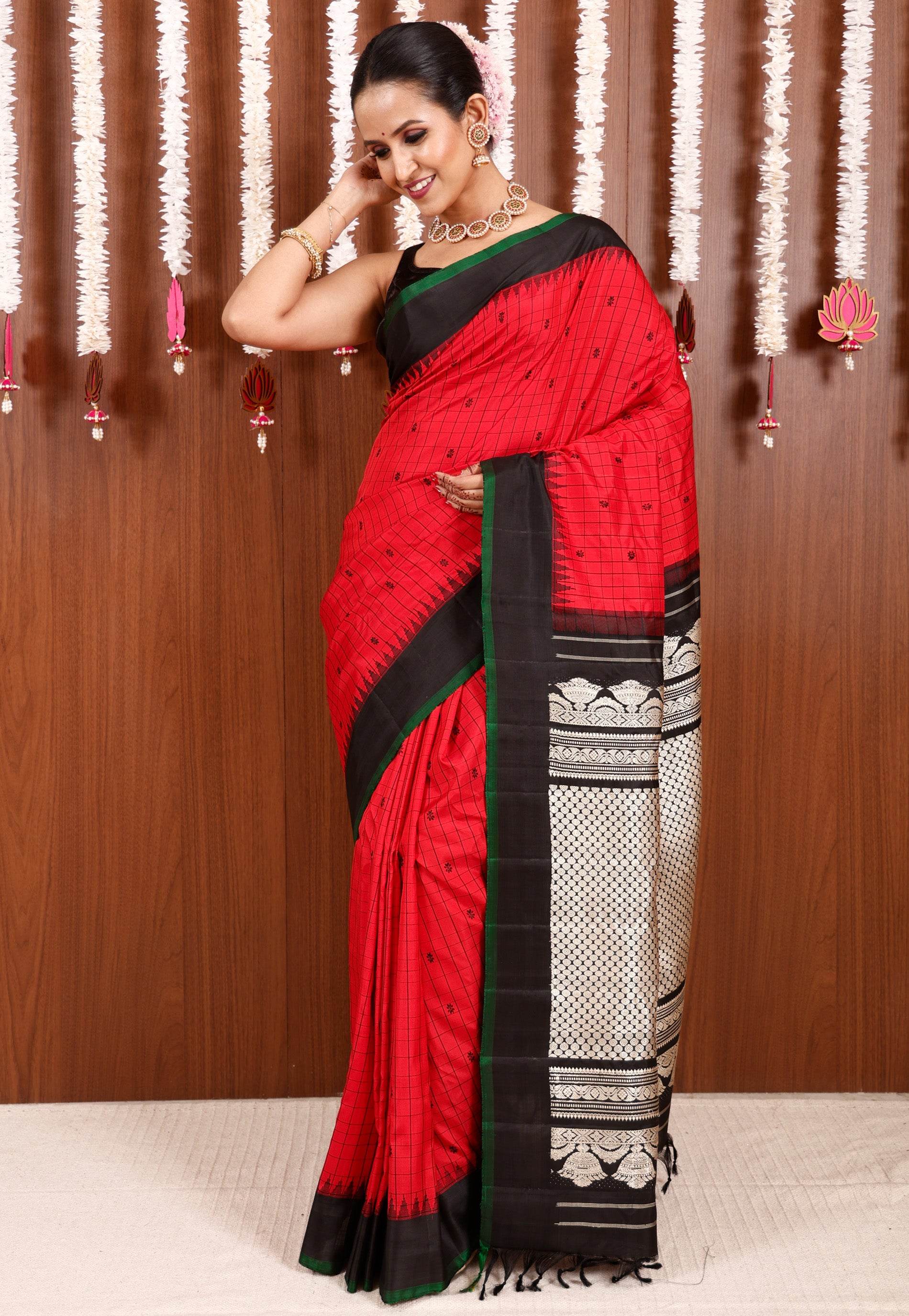 Red checks with Black Border Gadwal Pure Silk Saree With Blouse Piece - Adi Akshoy & Co.