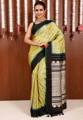 Line Green checks with Black Border Gadwal Pure Silk Saree With Blouse Piece - Adi Akshoy & Co.