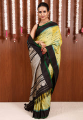 Line Green checks with Black Border Gadwal Pure Silk Saree With Blouse Piece - Adi Akshoy & Co.