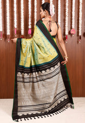 Line Green checks with Black Border Gadwal Pure Silk Saree With Blouse Piece - Adi Akshoy & Co.