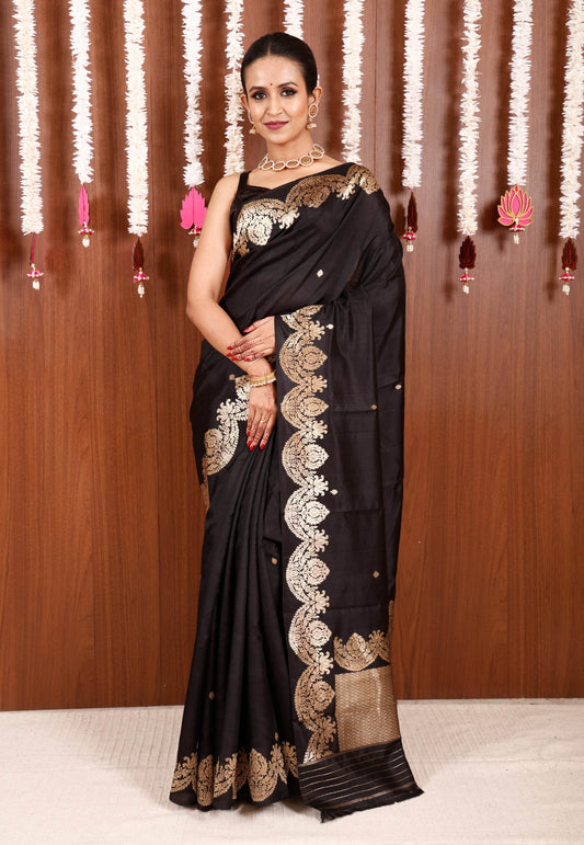 Black Katan Pure Silk Saree With Blouse Piece - Adi Akshoy & Co.