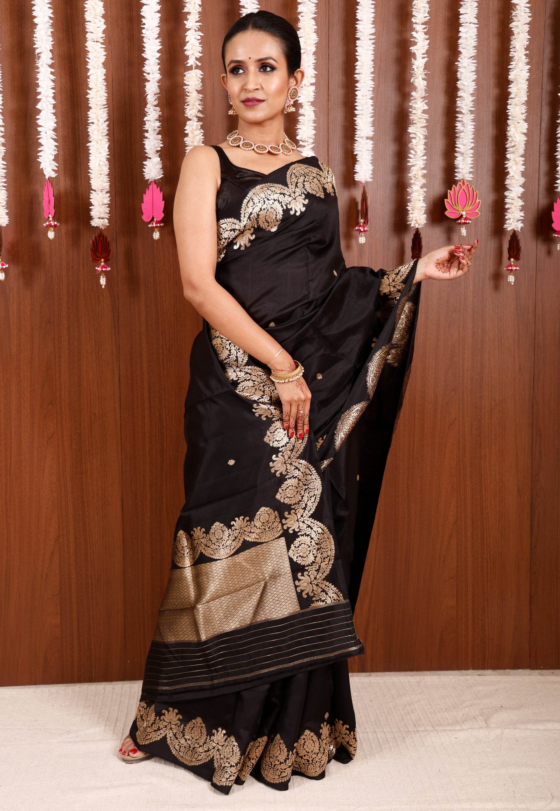 Black Katan Pure Silk Saree With Blouse Piece - Adi Akshoy & Co.