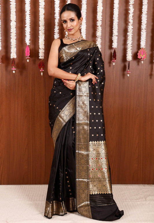 Black with Minakari Buti Katan Pure Silk Saree With Blouse Piece - Adi Akshoy & Co.