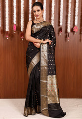 Black with Minakari Buti Katan Pure Silk Saree With Blouse Piece - Adi Akshoy & Co.