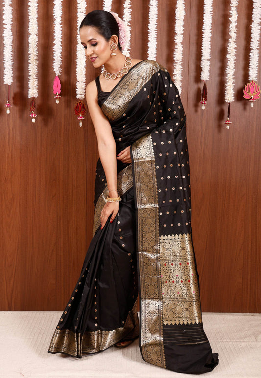 Black with Minakari Buti Katan Pure Silk Saree With Blouse Piece - Adi Akshoy & Co.