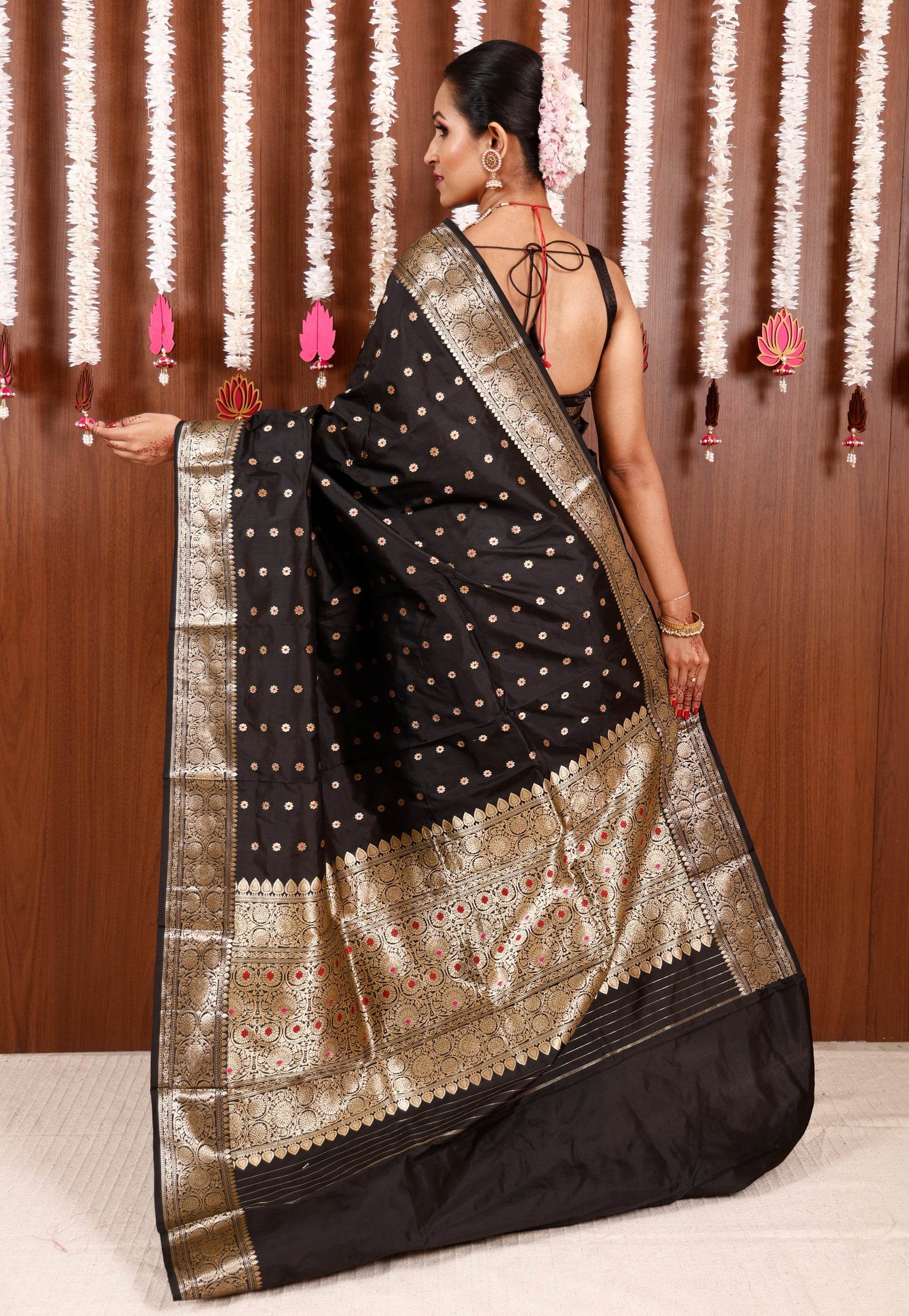 Black with Minakari Buti Katan Pure Silk Saree With Blouse Piece - Adi Akshoy & Co.