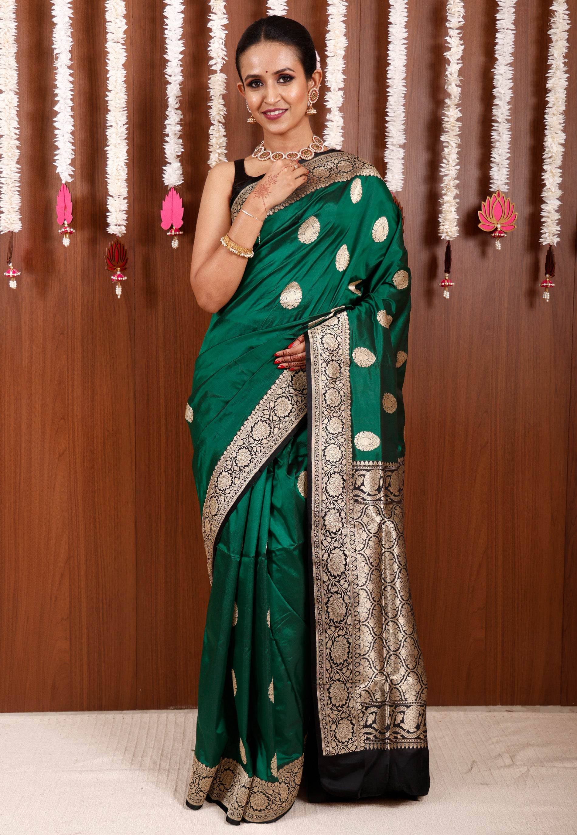 Bottle Green with Black Border Katan Pure Silk Saree With Blouse Piece - Adi Akshoy & Co.