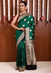 Bottle Green with Black Border Katan Pure Silk Saree With Blouse Piece - Adi Akshoy & Co.
