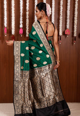 Bottle Green with Black Border Katan Pure Silk Saree With Blouse Piece - Adi Akshoy & Co.