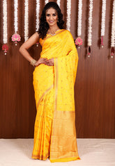 Yellow Kanjivaram Silk Saree With Blouse Piece - Adi Akshoy & Co.