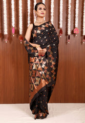Black Katan Silk Saree With Blouse Piece - Adi Akshoy & Co.