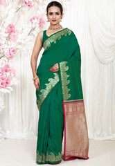 Rama Green Borderless Kanjivaram Silk Saree With Blouse Piece - Adi Akshoy & Co.