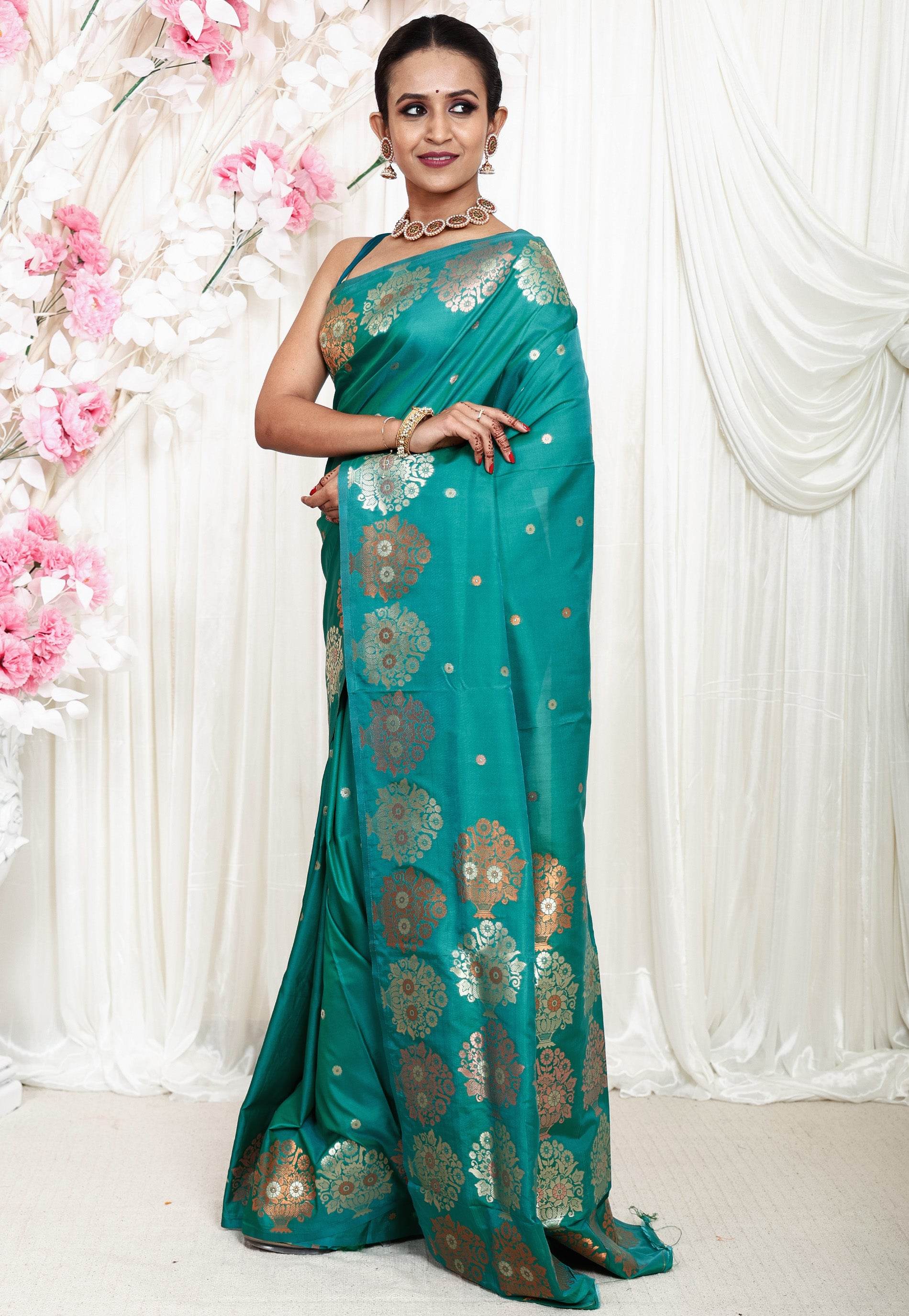 Sea Green Katan Silk Saree With Blouse Piece - Adi Akshoy & Co.