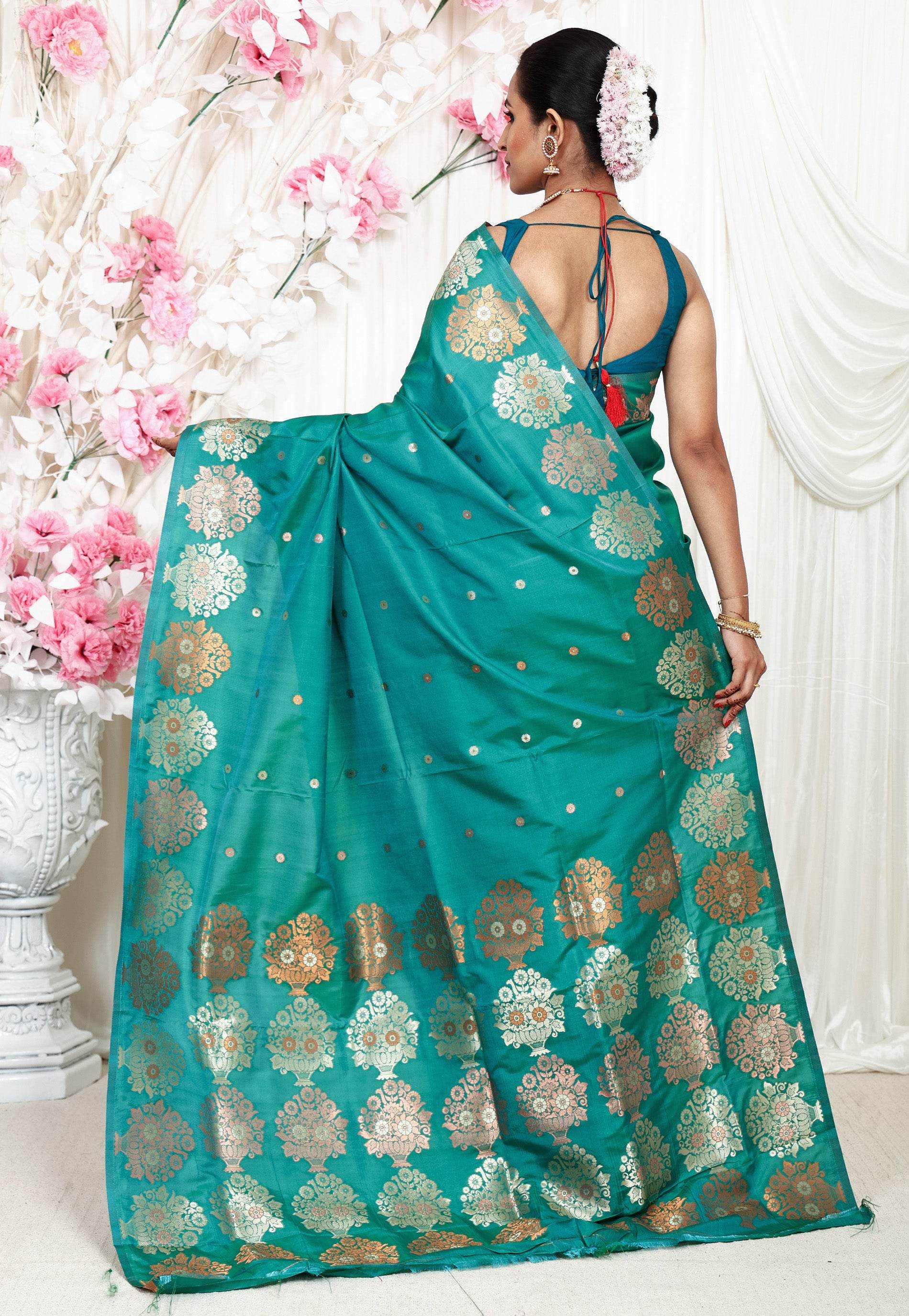 Sea Green Katan Silk Saree With Blouse Piece - Adi Akshoy & Co.