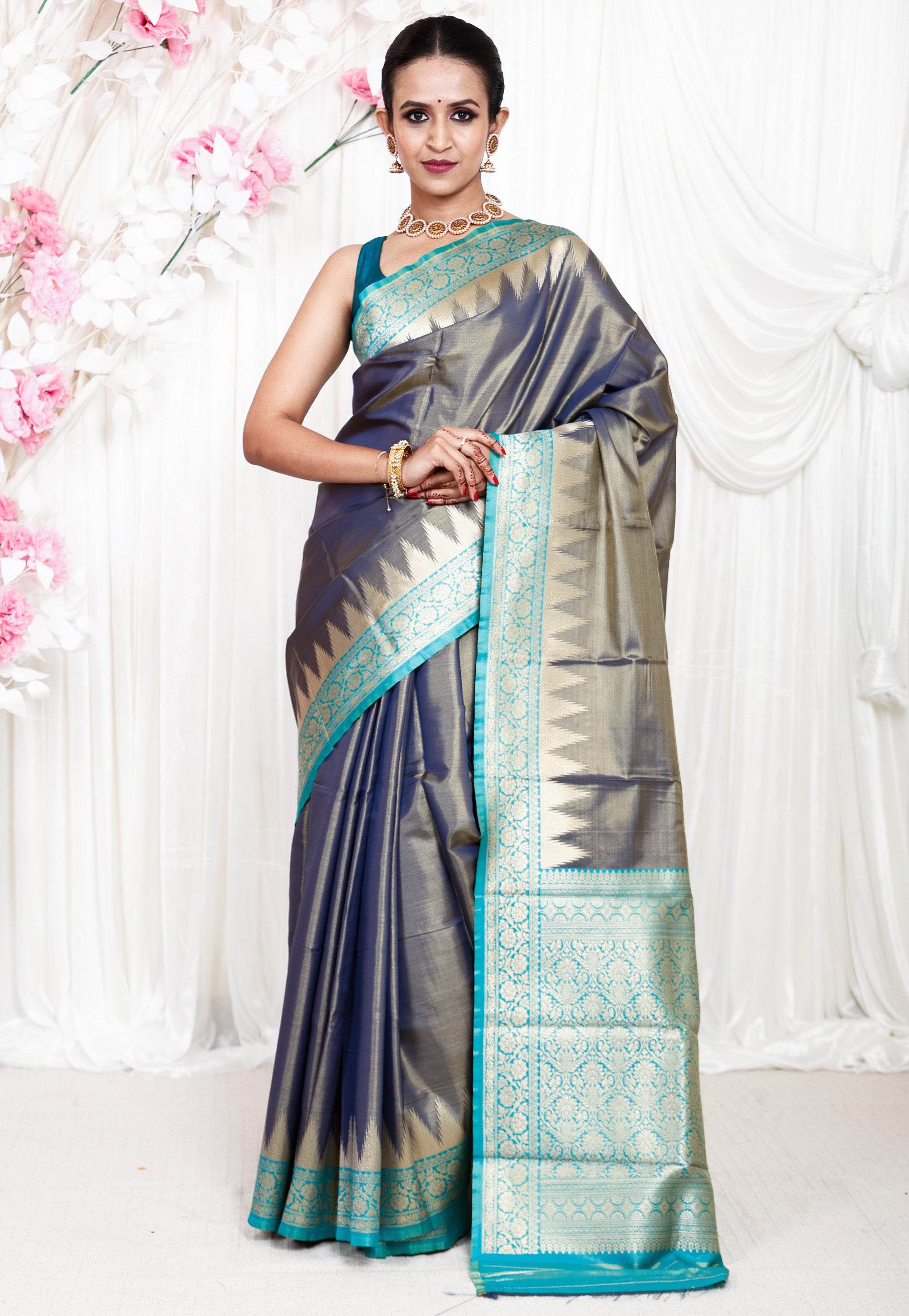Greyish Blue with Rama Green Border Tissue Kanjivaram Silk Saree With Blouse Piece - Adi Akshoy & Co.