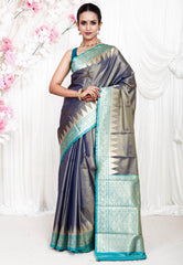 Greyish Blue with Rama Green Border Tissue Kanjivaram Silk Saree With Blouse Piece - Adi Akshoy & Co.