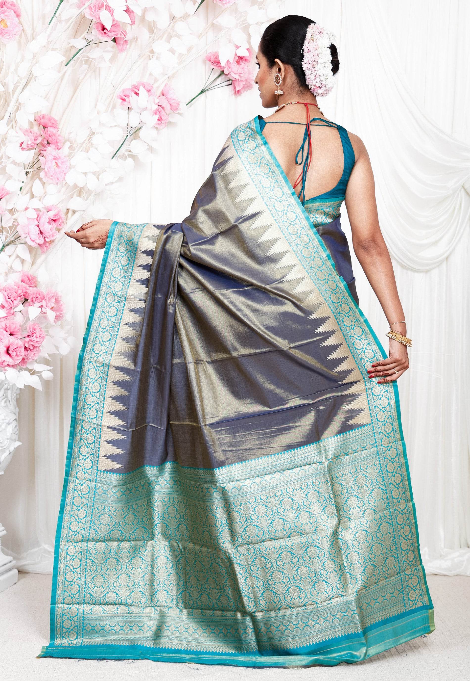 Greyish Blue with Rama Green Border Tissue Kanjivaram Silk Saree With Blouse Piece - Adi Akshoy & Co.