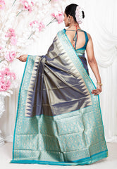 Greyish Blue with Rama Green Border Tissue Kanjivaram Silk Saree With Blouse Piece - Adi Akshoy & Co.